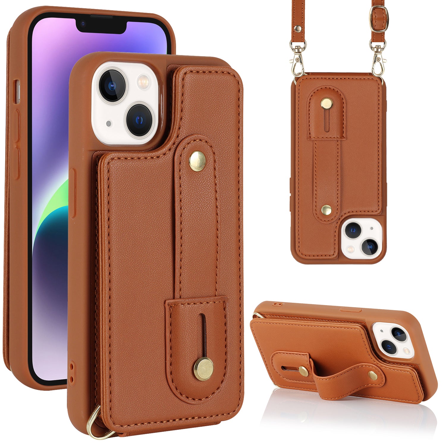 For iPhone 14/13 6.1 inch Wristband Kickstand Back Cover Card Holder PU Leather Coated TPU Phone Case For iPhone 14/13 6.1 inch Wristband Kickstand Back Cover Card Holder PU Leather Coated TPU Phone Case